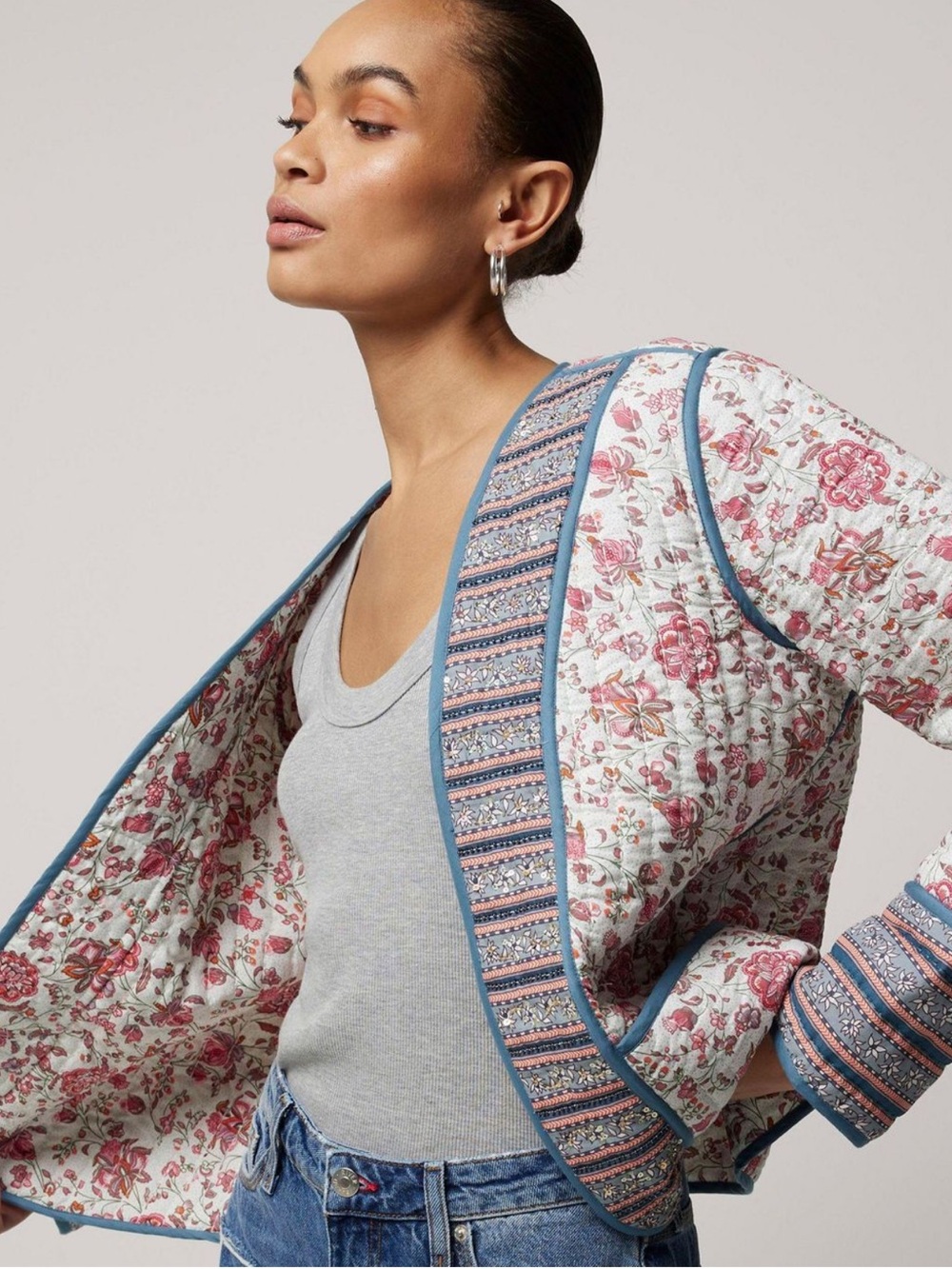 NWOT Women’s Floral Quilted Open Front Jacket Long Sleeve Cropped Bohemian Small - Picture 7 of 16
